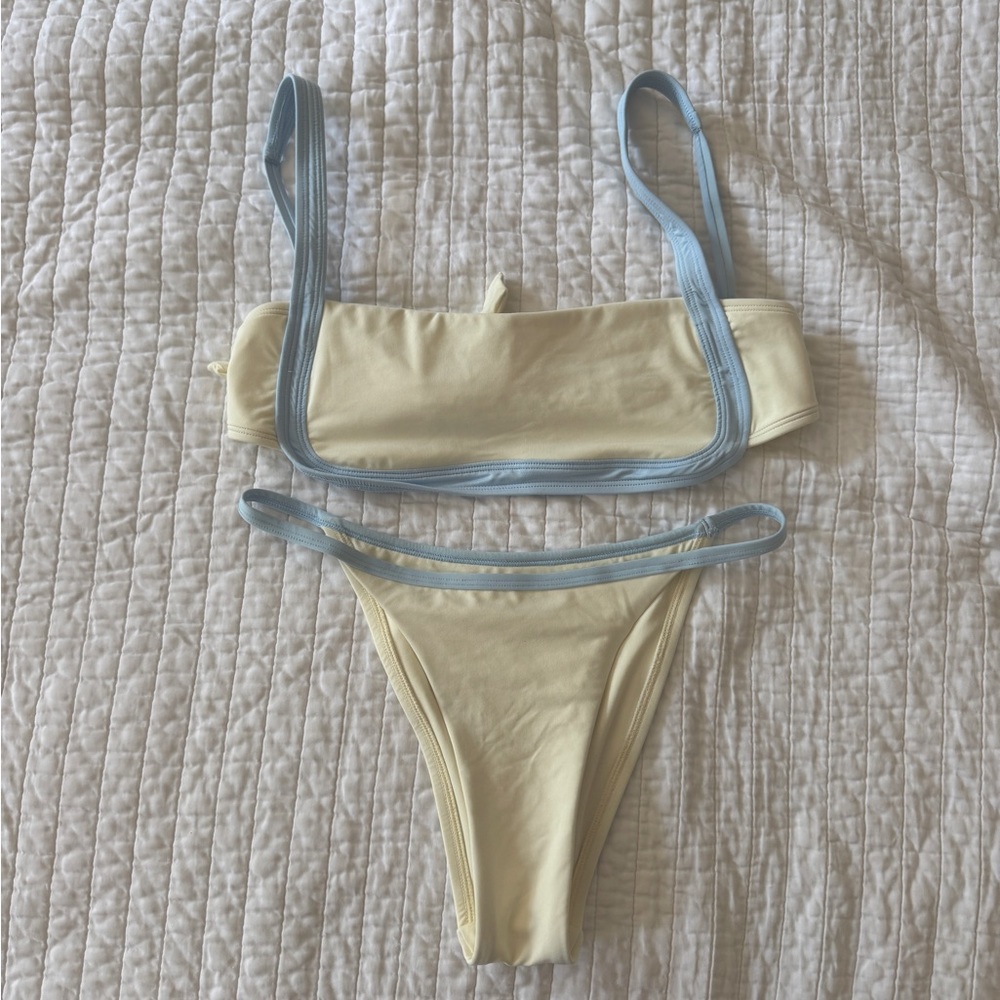 Monday Swimwear Cream and Blue Bikini High Hip Small